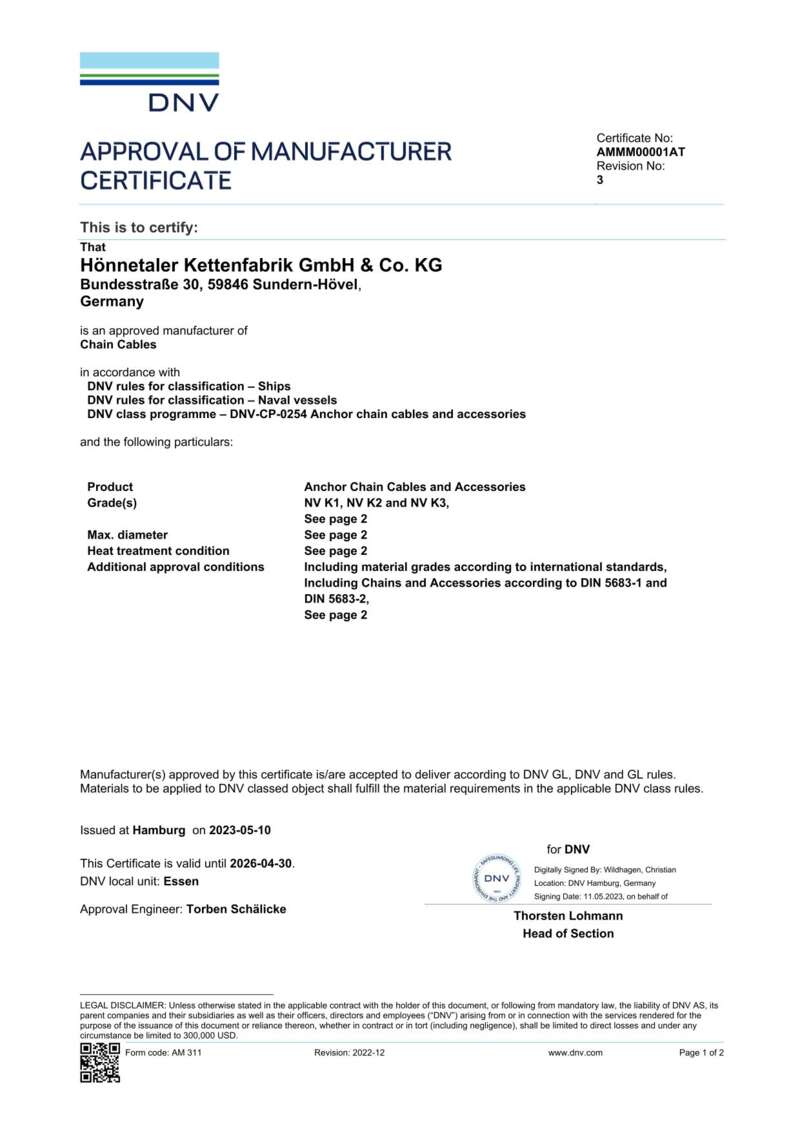 DNV-GL Approval of Manufacturer Certificate
