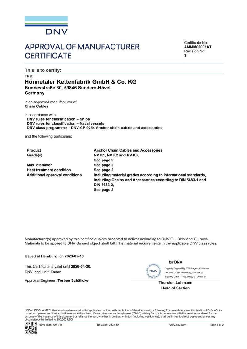 DNV Approval of Manufacturer Certificate