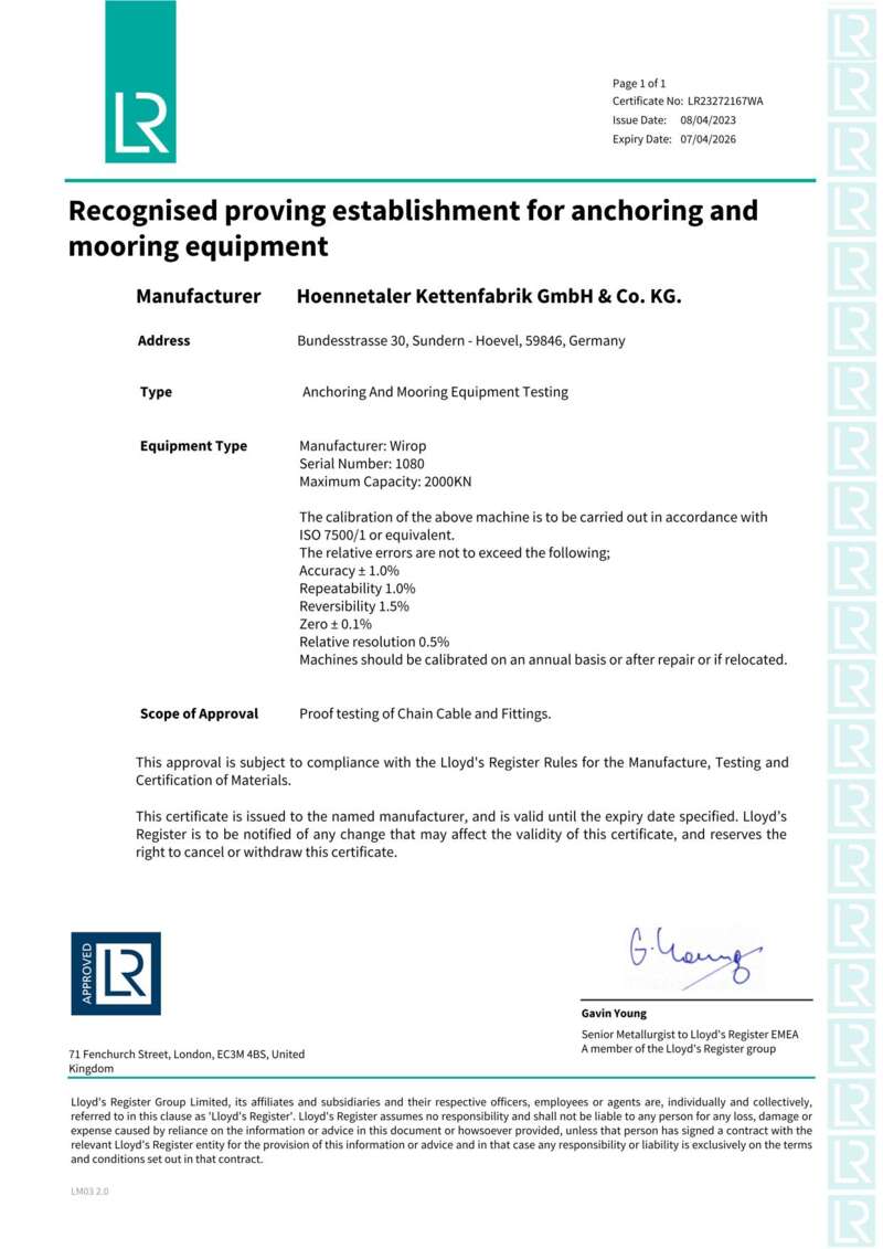 LR List 8 Recognised proving establishment for anchoring and mooring equipment